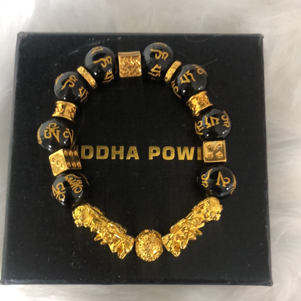 Buddha Power Gold and Black FengShui Obsidian PiXiu Wealth Bracelet